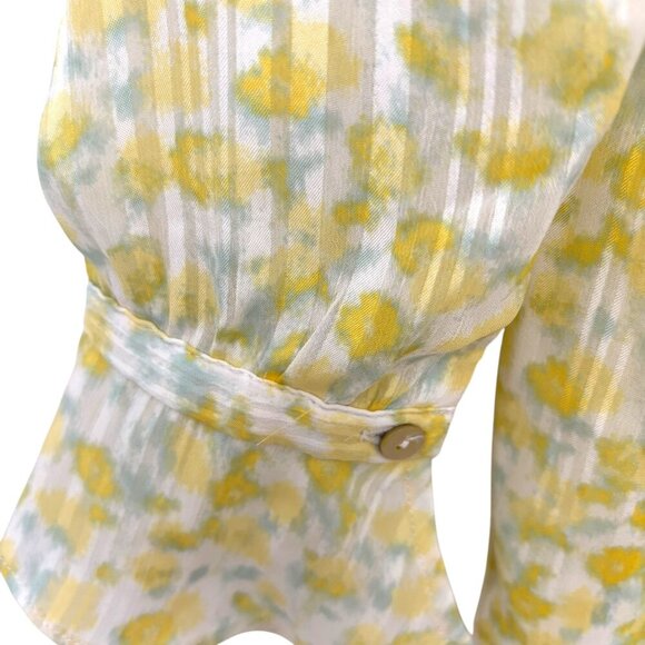 ROSE & OLIVE Long Sleeved Sheer Blouse Butter Yellow Pastel Green Floral Size S - Picture 4 of 8